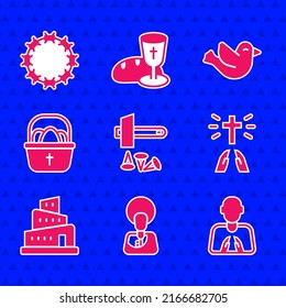 Set Crucifixion of Jesus Christ, Hands in praying position, Babel tower bible story, Basket with easter eggs, Dove and Crown thorns icon. Vector