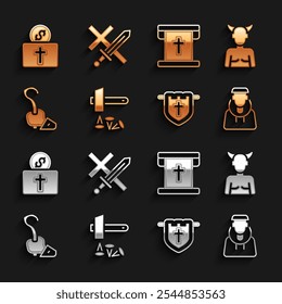 Set Crucifixion of Jesus Christ, Krampus, heck, Monk, Flag with christian cross, Magic staff, Donation for church and Crusade icon. Vector