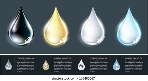 Set of  crude oil,  petroleum, motor oil, kerosene and blue water drops.  Collection realistic isolated vector icons for your design and logo