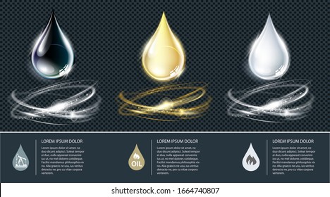 Set of  crude oil,  petroleum, motor oil, kerosene, blue water drops and transparent light effects.  Collection realistic isolated vector icons for your design and logo