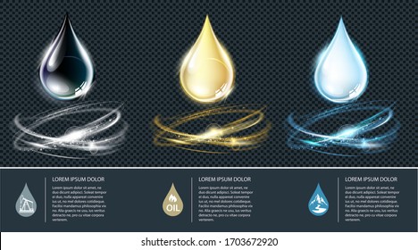 Set of  crude oil,  petroleum, motor oil, blue water drops and transparent light effects.  Collection realistic isolated vector icons for your design and logo