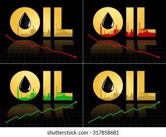 Set of crude oil price fall down and increase, abstract illustration with refinery plant barrel and graph diagram