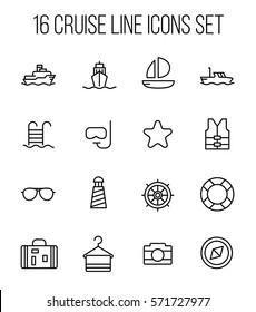 Set of cruise icons in modern thin line style. High quality black outline travel symbols for web site design and mobile apps. Simple cruise pictograms on a white background.