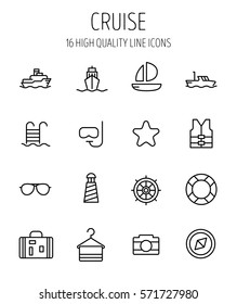 Set of cruise icons in modern thin line style. High quality black outline travel symbols for web site design and mobile apps. Simple cruise pictograms on a white background.