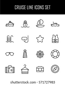 Set of cruise icons in modern thin line style. High quality black outline travel symbols for web site design and mobile apps. Simple cruise pictograms on a white background.