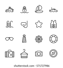 Set of cruise icons in modern thin line style. High quality black outline travel symbols for web site design and mobile apps. Simple cruise pictograms on a white background.