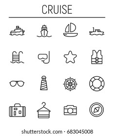 Set of cruise icons in modern thin line style. High quality black outline travel symbols for web site design and mobile apps. Simple cruise pictograms on a white background.