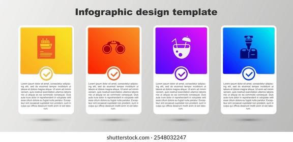 Conjunto de crucero, binoculares, cóctel de coco y capitán de barco. Plantilla de infografía de negocios. Vector