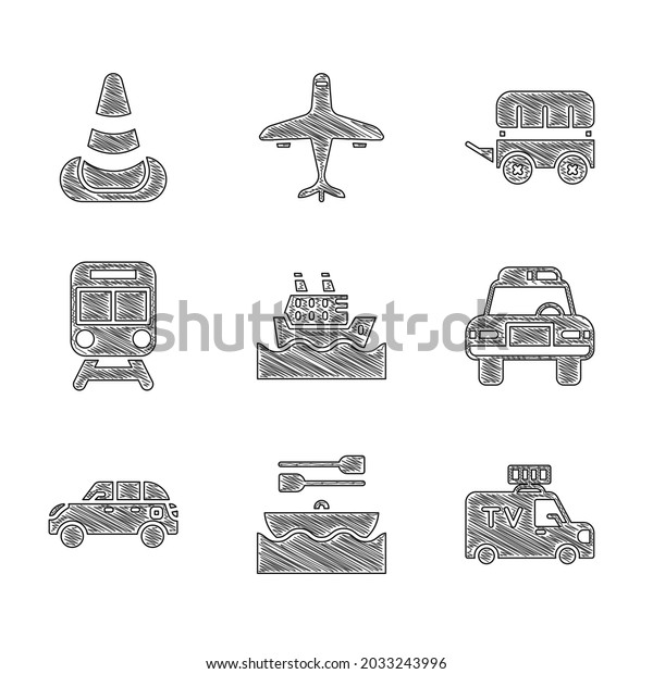 Set Cruise ship, Boat with oars, TV News\
car, Police and flasher, Hatchback, Train railway, Wild west\
covered wagon and Traffic cone icon.\
Vector