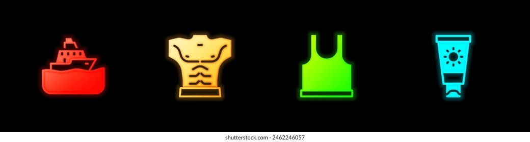 Set Cruise ship, Bodybuilder muscle, Sleeveless T-shirt and Sunscreen cream in tube icon. Vector