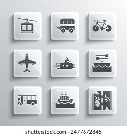 Set Cruise ship, Broken road, Boat with oars, Submarine, Bus, Plane, Cable car and Bicycle icon. Vector