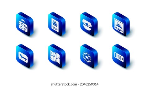 Set Cruise ship, Captain hat, ticket, Ship steering wheel, Folded map, Sunbed and umbrella and Suitcase icon. Vector