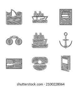 Set Cruise ship, Captain hat, Brochure, Anchor, Postcard travel, Binoculars,  and Shark fin ocean wave icon. Vector