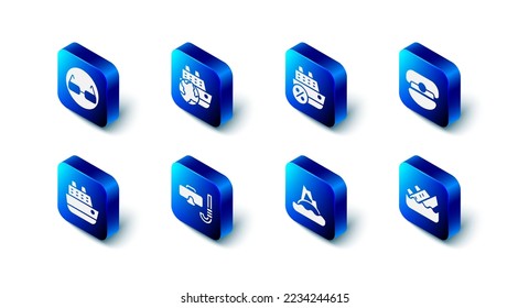 Set Cruise ship, Captain hat, Sinking cruise, Tropical island ocean, Diving mask snorkel,  and Glasses icon. Vector
