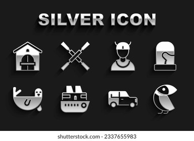 Set Cruise ship, Christmas mittens, Albatross, Car, Fur seal animal, Viking head, Farm house and Oars or paddles boat icon. Vector