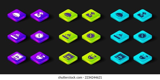 Set Cruise ship, Coconut cocktail, Compass, Tourist and Covered with tray icon. Vector