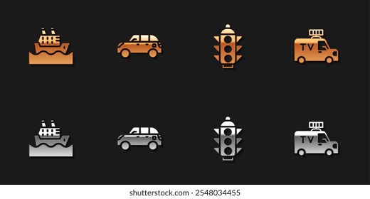 Set Cruise ship, Hatchback car, Traffic light and TV News icon. Vector