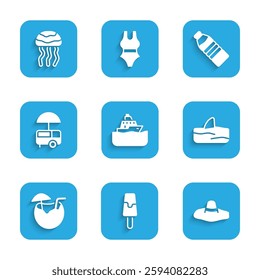 Set Cruise ship, Ice cream, Elegant women hat, Shark fin in ocean wave, Coconut cocktail, Fast street food cart, Bottle of water and Jellyfish icon. Vector