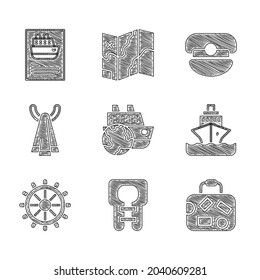 Ponga el crucero, el chaleco salvavidas, la maleta, el volante de la dirección del barco, la toalla sobre el colgador, el sombrero del capitán y el icono. Vector