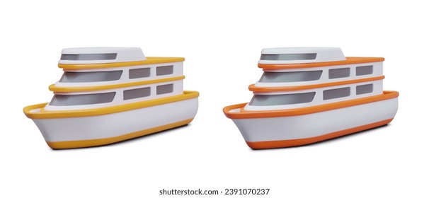 Set of cruise ship liners in different colors. Voyage, maritime adventure. Traveling by sea. Horizontal vector illustration in 3D style on white background