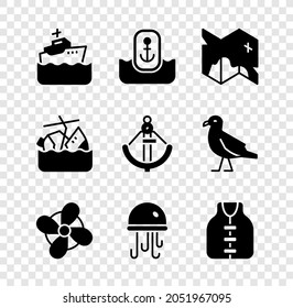 Set Cruise Ship, Location With Anchor, Pirate Treasure Map, Boat Propeller, Jellyfish, Life Jacket, Sinking Cruise And Anchor Icon. Vector