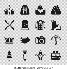Set Cruise ship, Pickaxe, Winter warm boot, Iceberg, Christmas mittens, Oars or paddles boat, Church building and Sweater icon. Vector