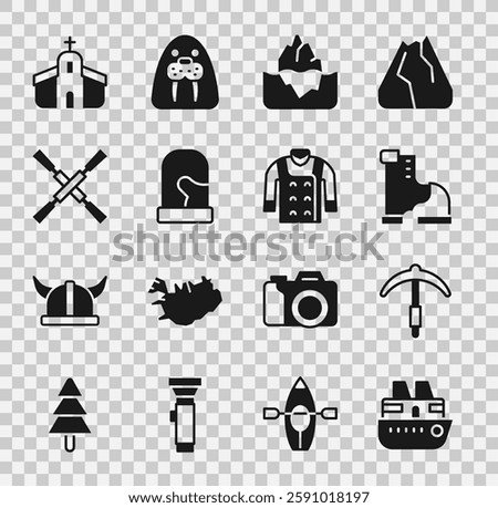 Set Cruise ship, Pickaxe, Winter warm boot, Iceberg, Christmas mittens, Oars or paddles boat, Church building and Sweater icon. Vector