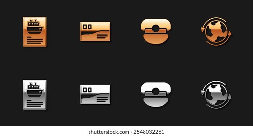 Conjunto de crucero, viaje de postal, sombrero de capitán e icono mundial. Vector