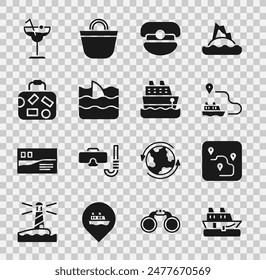 Set Cruise ship, Route location, Ship line path, Captain hat, Shark fin ocean wave, Suitcase, Cocktail and  icon. Vector