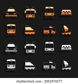 Set Cruise ship, Taxi car roof, Yacht sailboat, Trolleybus, Train and railway,  and  icon. Vector