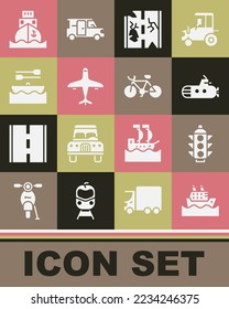Set Cruise ship, Traffic light, Submarine, Broken road, Plane, Boat with oars, Cargo and Bicycle icon. Vector