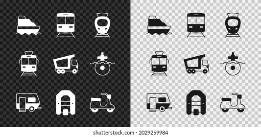 Set Cruise ship, Train and railway, Tram, Rv Camping trailer, Rafting boat, Scooter,  and Delivery cargo truck icon. Vector