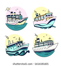 Set of the Cruise ships at sea-design concept .Hand drawn vector Illustration.Steamship in the ocean, waves lapping around.Ship icon.