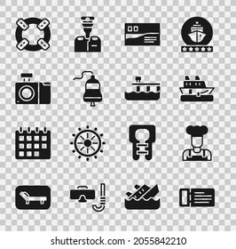 Set Cruise ticket, Cook, ship, Postcard travel, Ship bell, Photo camera, Lifebuoy and Beach pier dock icon. Vector