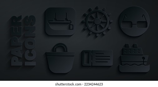 Set Cruise ticket, Glasses, Beach bag, ship, Ship steering wheel and Lifeboat icon. Vector