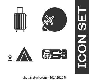 Set Cruise ticket for traveling by ship, Suitcase for travel, Tourist tent with wood fire and Globe with flying plane icon. Vector