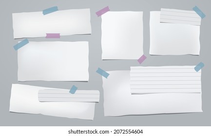 Set of crumple white note, notebook paper pieces with sticky tape stuck on dark grey background. Vector illustration