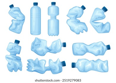 Conjunto de botellas arrugadas en diseño plano de dibujos animados. La Imagen muestra una variedad de botellas de plástico en diferentes etapas de su uso y proceso de reciclaje. Ilustración vectorial.