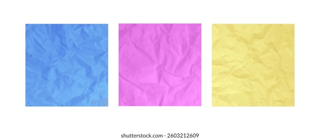 Set of crumpled colorful paper texture. Abstract pink, blue and yellow backgrounds with wrinkled cardboard texture. Vector illustration of a realistic origami page card folded and then unfolded sheet