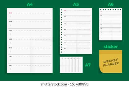 Set of crumpled four Standart blank weekly planner series A format paper A4, A5, A6 and A7 size with note sticker