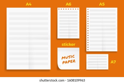 Set of crumpled four Standart blank music series A format paper A4, A5, A6 and A7 size with note sticker