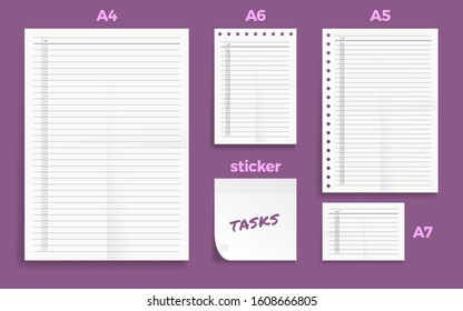 Set of crumpled four Standart blank task series A format paper A4, A5, A6 and A7 size with note sticker