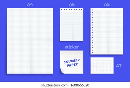 Set of crumpled four Standart blank squared series A format paper A4, A5, A6 and A7 size with note sticker