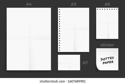 Set of crumpled four Standart dotted blank series A format paper A4, A5, A6 and A7 size with note sticker