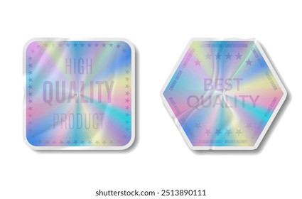 Set of Crumpled Hologram Sticker, Limited Edition Label Rainbow effect, vector Tag, Neon color Emblem on isolated transparent background. Shiny vector icon illustration Holographic stickers shape