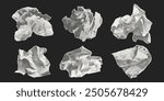 Set of crumpled lumps of different paper isolated on dark background. Gritty dusty dotted effect, vector elements with jagged edges.