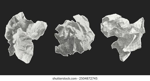 Set of crumpled lumps of different paper isolated on dark background. Gritty dusty dotted effect, vector elements with jagged edges, old notebook sheets.