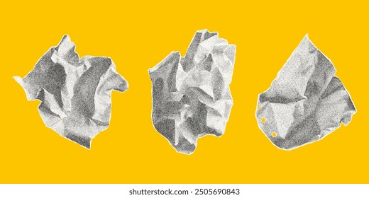 Set of crumpled lumps of different paper isolated on yellow background. Gritty dusty dotted effect, vector elements with jagged edges, old notebook sheets.