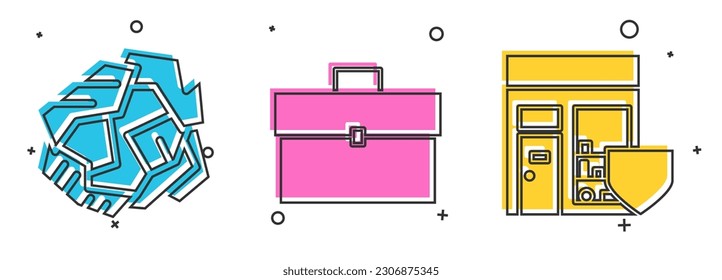 Set Crumpled paper ball, Briefcase and Shopping building with shield icon. Vector