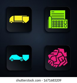 Set Crumpled paper ball, Delivery cargo truck with shield, Car with shield and Fax machine. Black square button. Vector